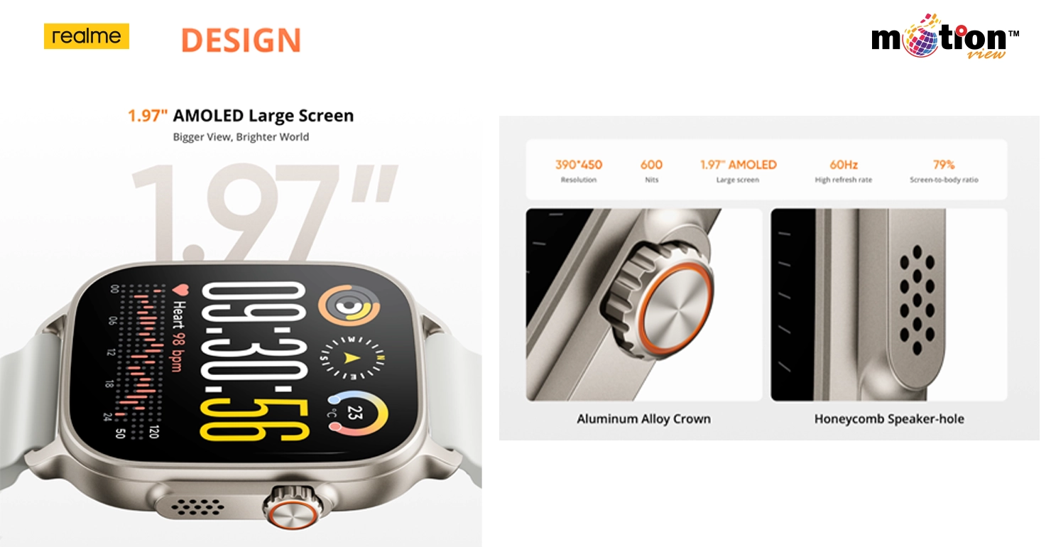 realme Watch 5 1.43-inch AMOLED display with 1000 nits high brightness.