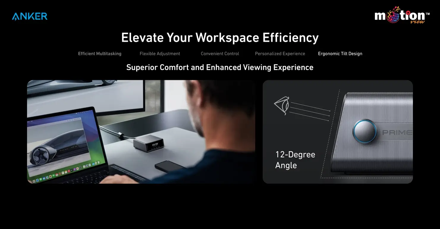 Side profile showing the ergonomic 12-degree tilt design of the Anker Prime charger for an enhanced viewing angle of the LCD screen.