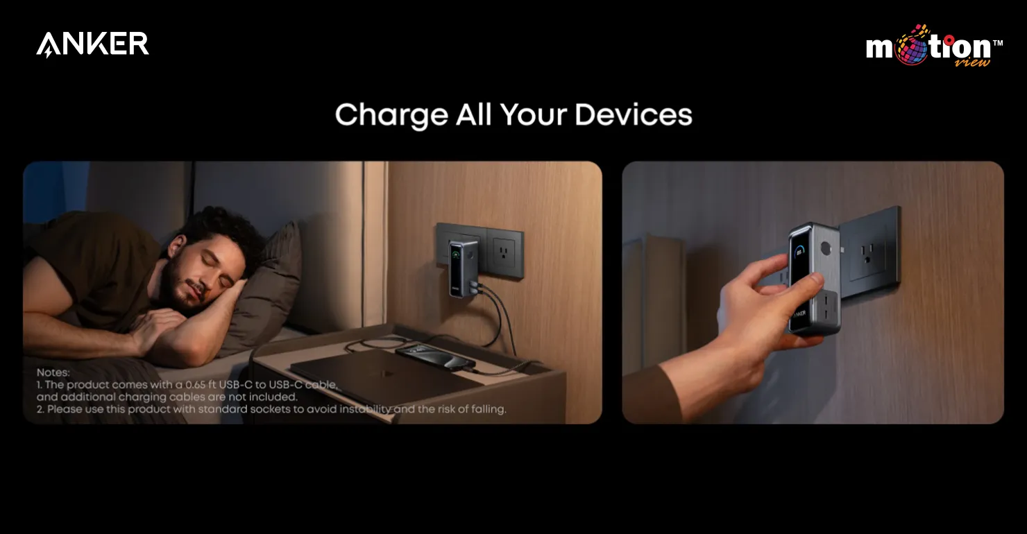 The Anker Prime Fusion Charger plugged directly into a wall outlet, functioning as a wall adapter to simultaneously power a laptop and smartphone overnight