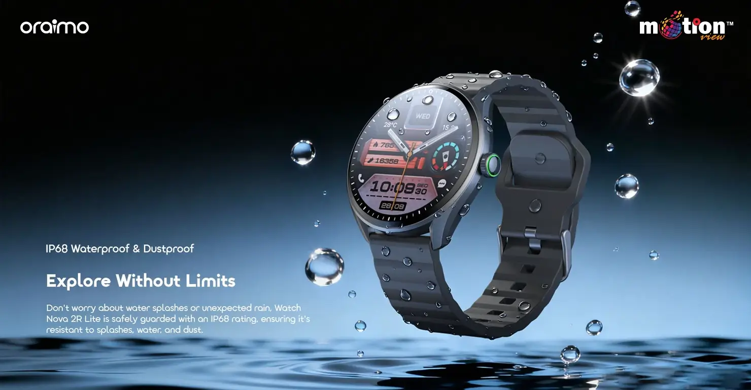 oraimo Watch Nova 2R Lite OSW-824 smartwatch surrounded by water droplets demonstrating its IP68 waterproof and dustproof resistance