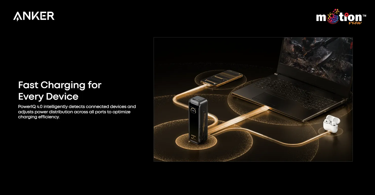The Anker Prime 20K 220W Wukong Edition utilizing PowerIQ 4.0 technology to intelligently distribute fast charging power to a gaming laptop, smartphone, and wireless earbuds simultaneously