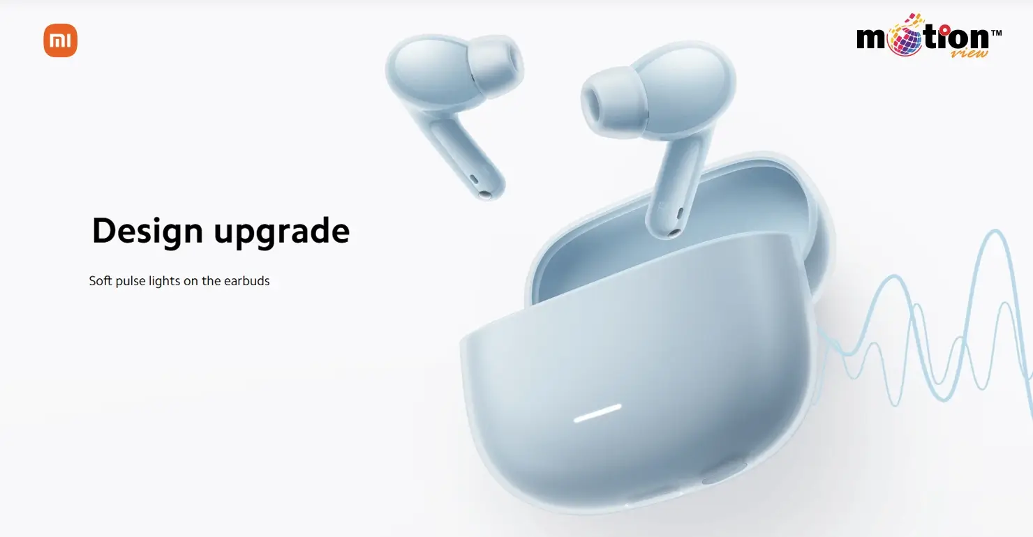 Design upgrade of Redmi Buds 6 Lite featuring soft pulse lights on the earbuds and a sleek charging case.