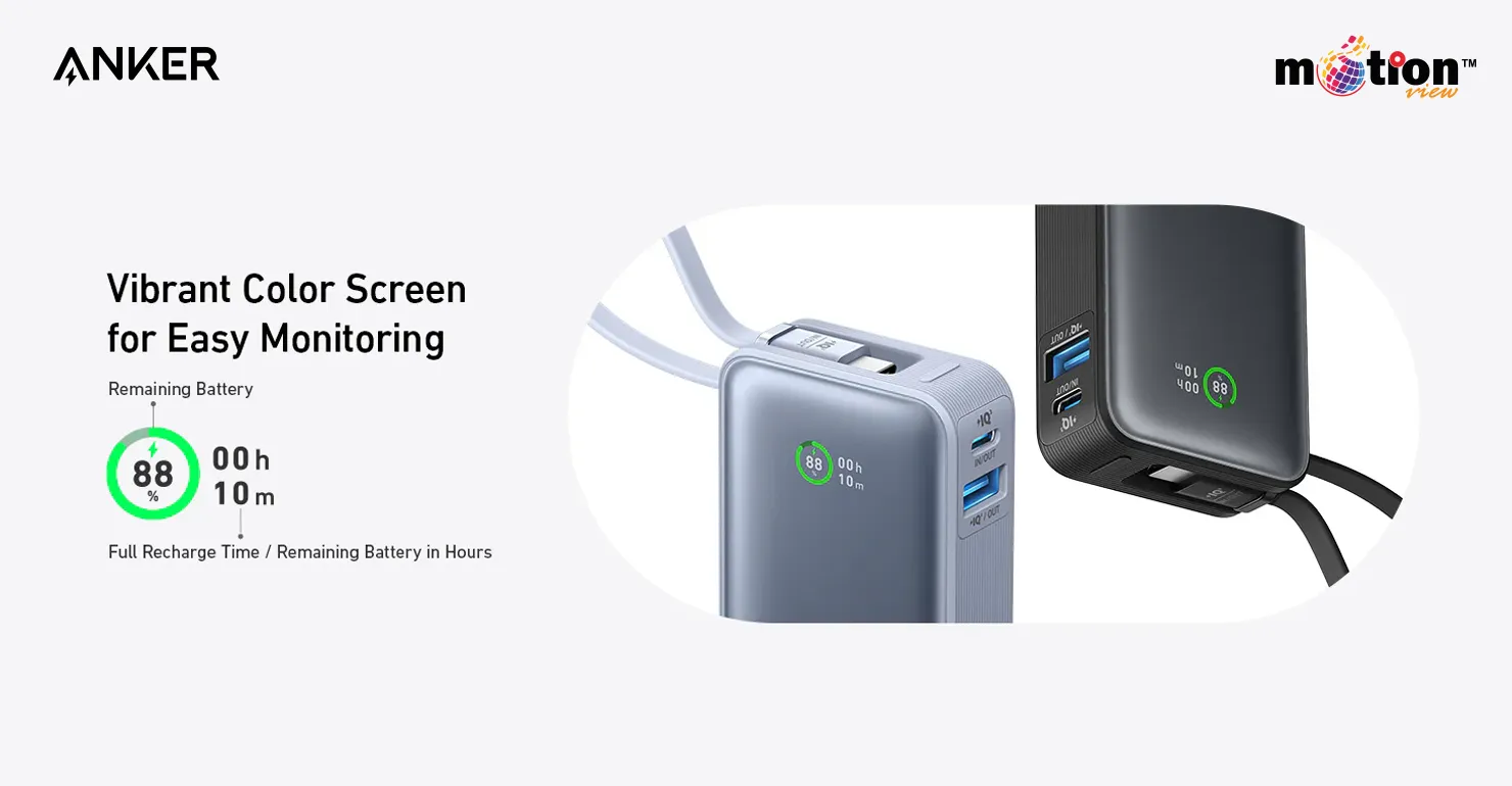Detailed view of the vibrant digital color screen on the Anker Nano 10K Power Bank displaying remaining battery life
