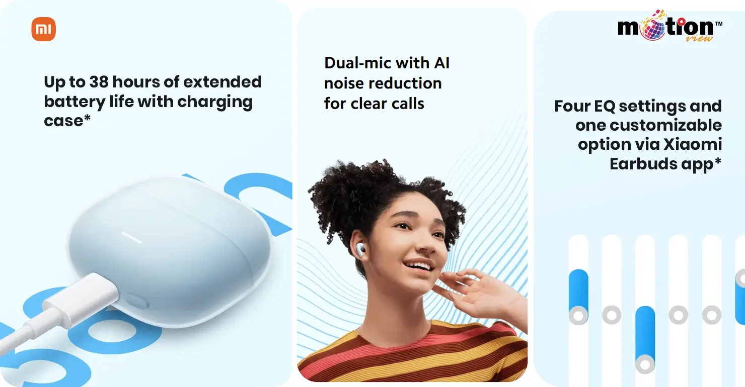 Key features of Redmi Buds 6 Lite including 38-hour battery life, dual-mic AI noise reduction, and custom EQ settings.