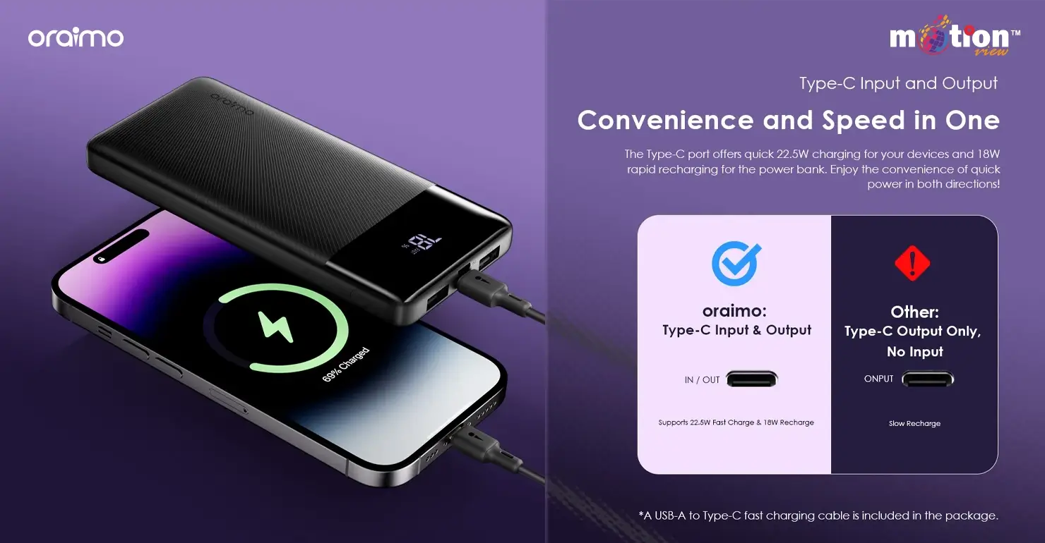 oraimo Toast 10000mAh Power Bank (OPB-7100Q) type c in and out