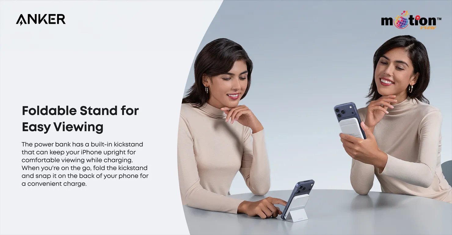 Users demonstrating the Anker 622 MagGo Magnetic Battery's versatile built-in foldable kickstand keeping an iPhone upright for comfortable hands-free viewing