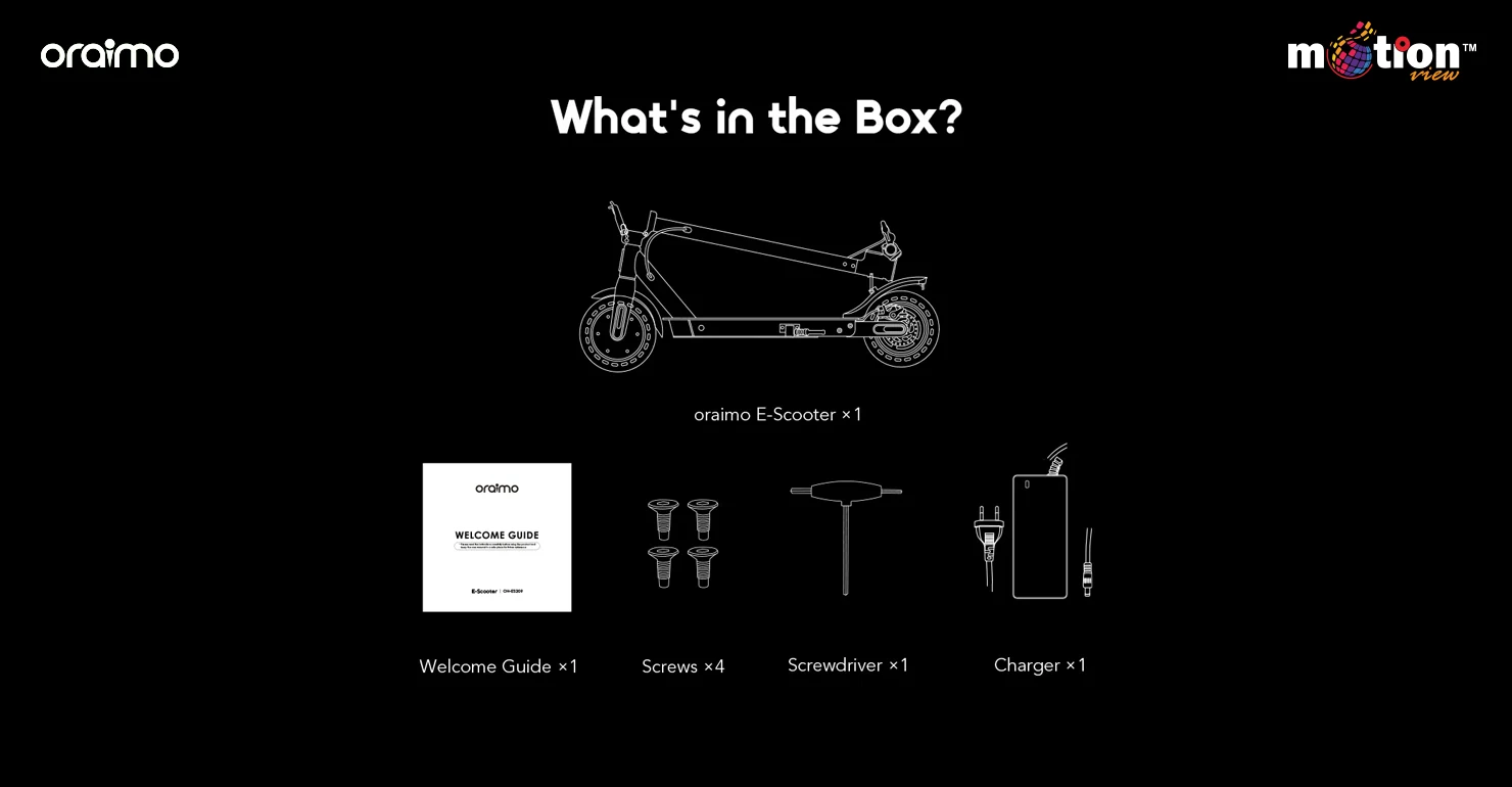 oraimo E-Scooter unboxing contents: electric scooter, welcome guide, screws, assembly screwdriver, and power charger.