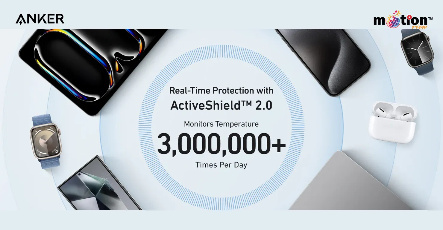 Graphic illustrating the ActiveShield 2.0 safety system on the Anker MagGo 10K Power Bank performing over 3 million daily temperature checks to protect connected devices