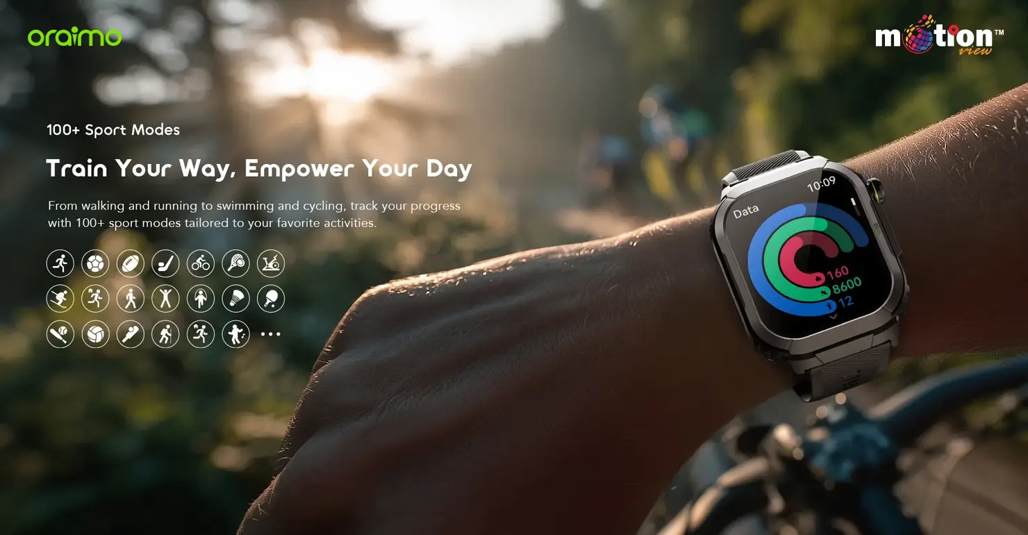 Cyclist wearing the oraimo Watch Lumos N OSW-808N outdoors to track fitness data using one of its 100+ sport modes