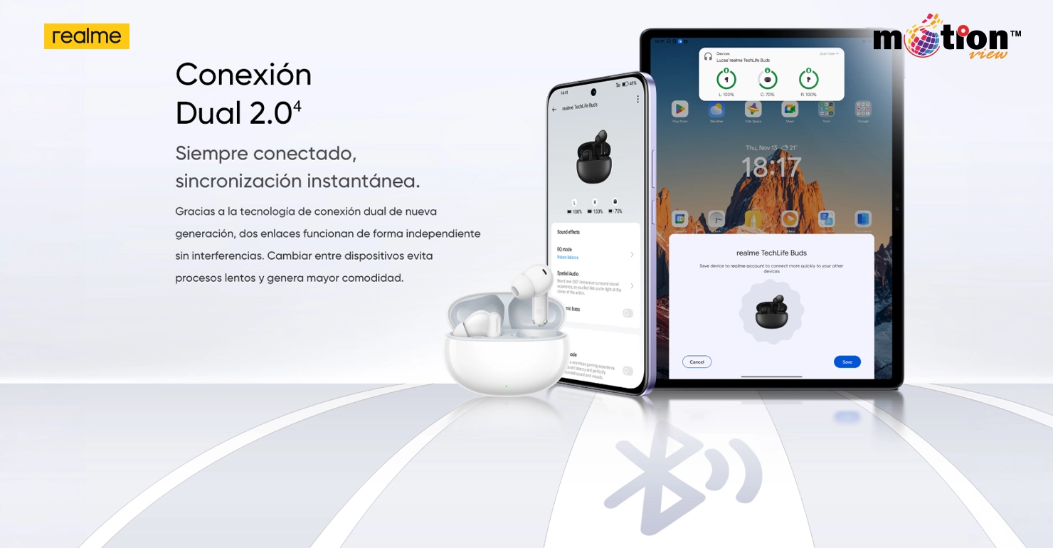 Technical specs for realme TechLife Buds RMA2506 showing IPX4 water resistance and Bluetooth 5.4 connectivity.