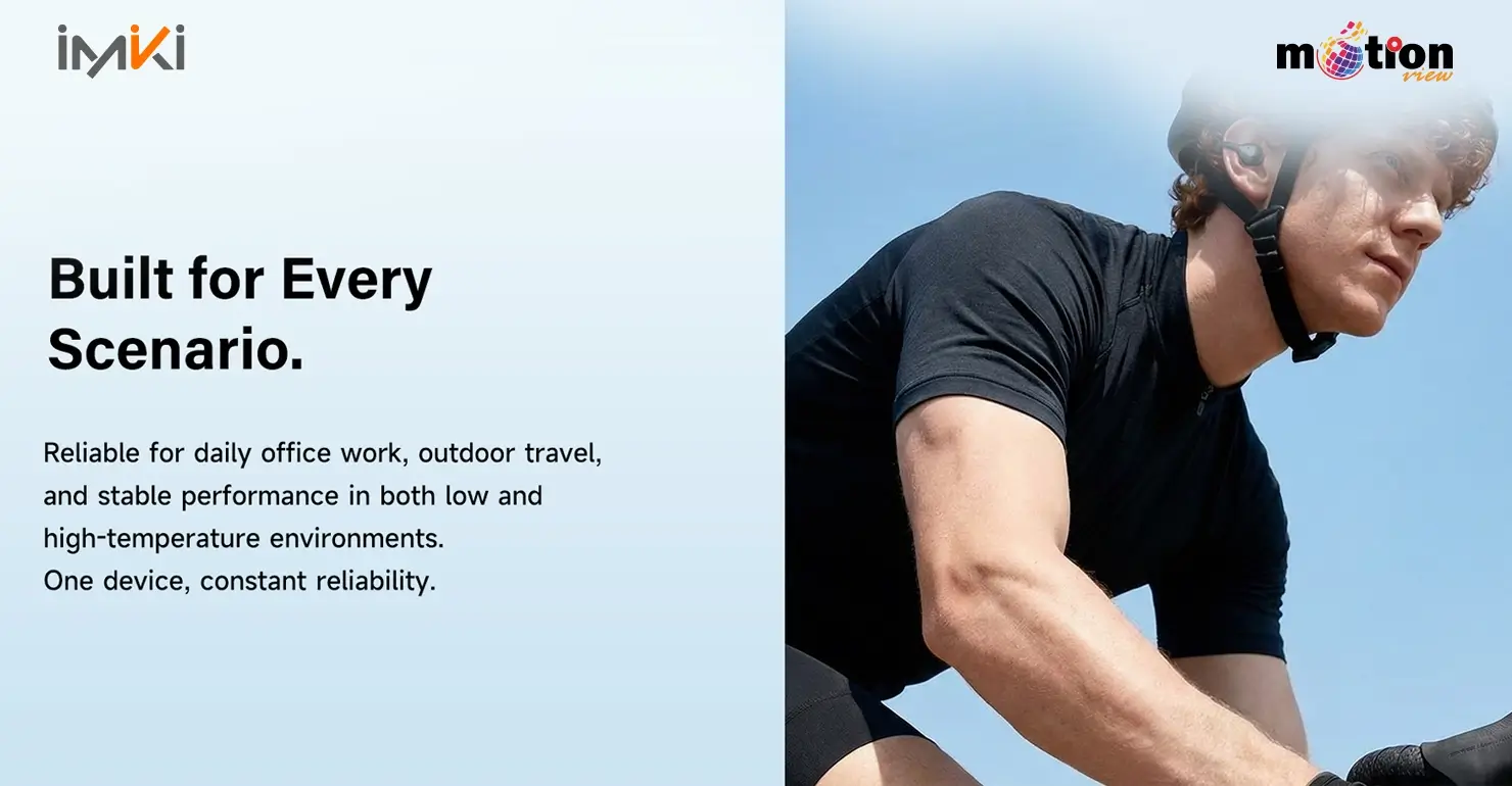 Cyclist wearing Imiki SP2 Open-ear Earbuds to show reliability for outdoor travel and sports in various temperatures.