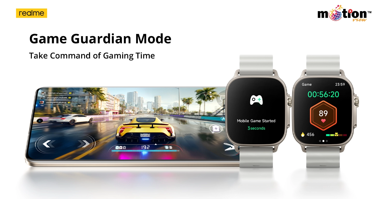 Premium stainless steel case and textured bezel detail of realme Watch S5 RMW2502.