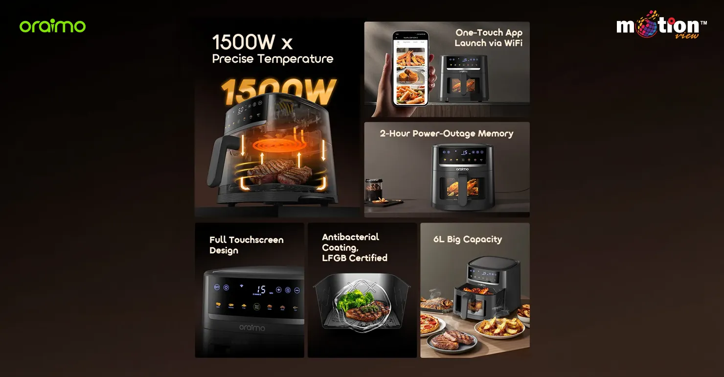 Collage showcasing Oraimo NutriFry S1 Ultra features including 1500W precise heating, WiFi app control, power-outage memory, touchscreen interface, antibacterial coating, and 6L capacity.