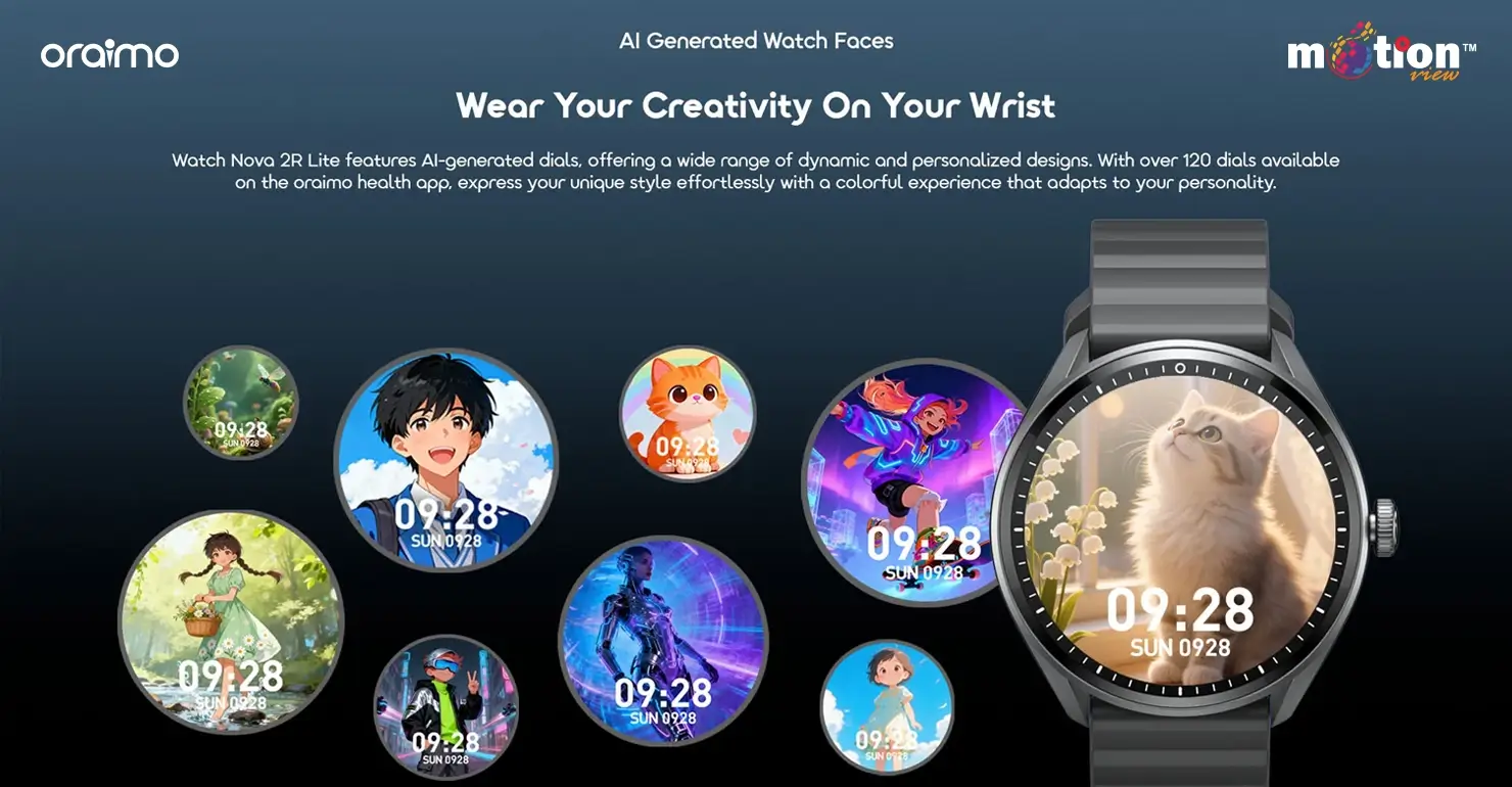 Diverse collection of personalized, AI-generated custom watch faces for the oraimo Watch Nova 2R Lite OSW-824