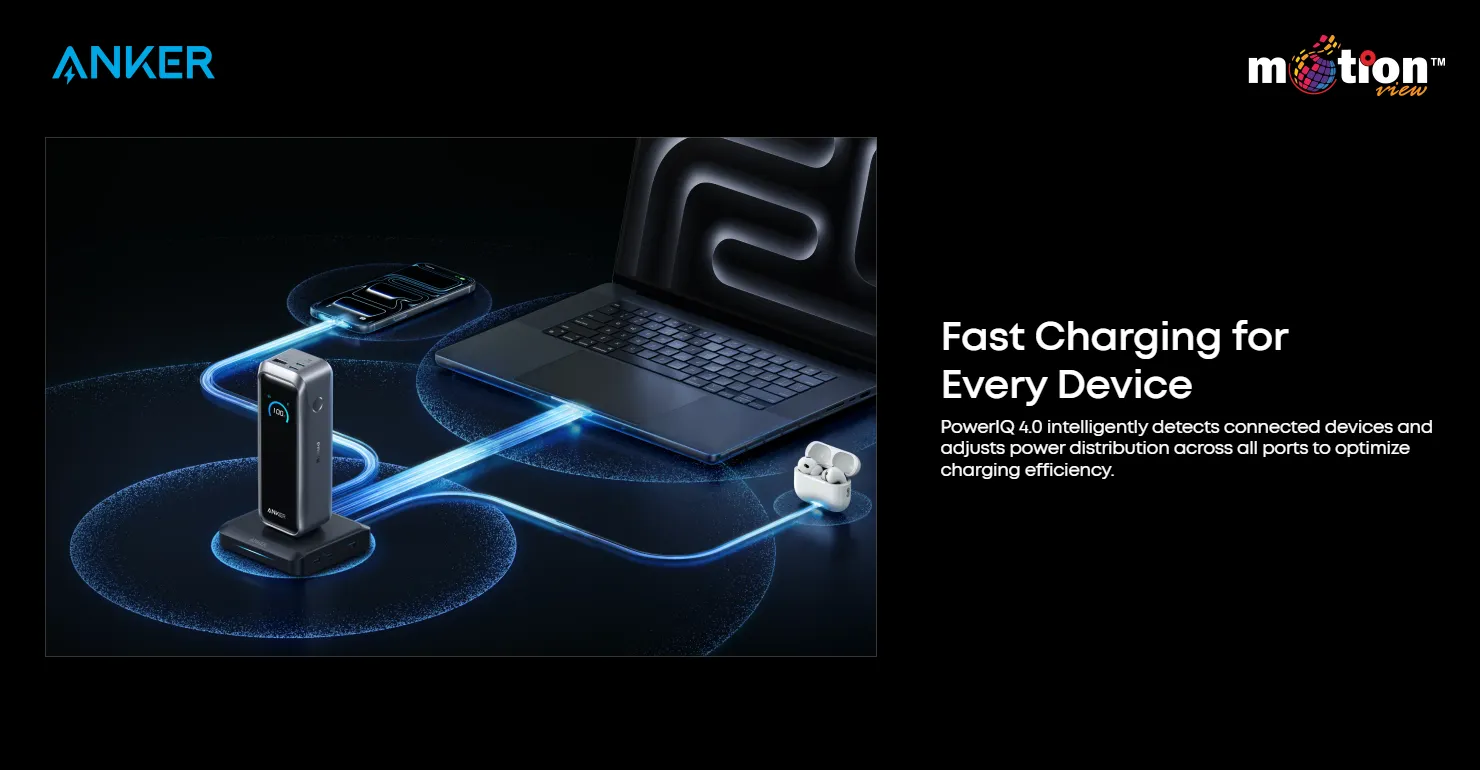 Anker Prime Charging Base using PowerIQ 4.0 technology to efficiently fast charge a laptop, smartphone, and wireless earbuds simultaneously