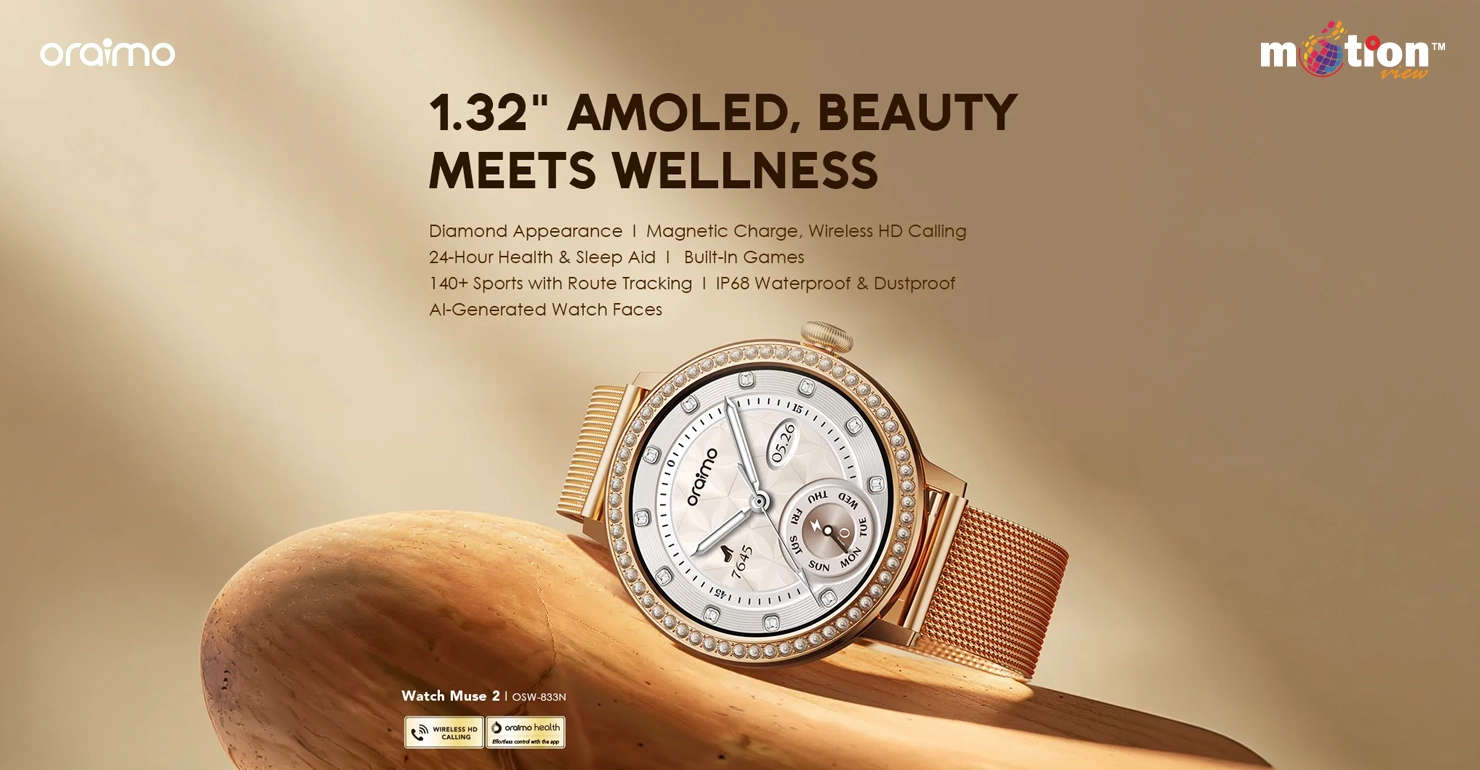 Oraimo Watch Muse 2 gold smartwatch highlighting its 1.32-inch AMOLED screen and diamond appearance.