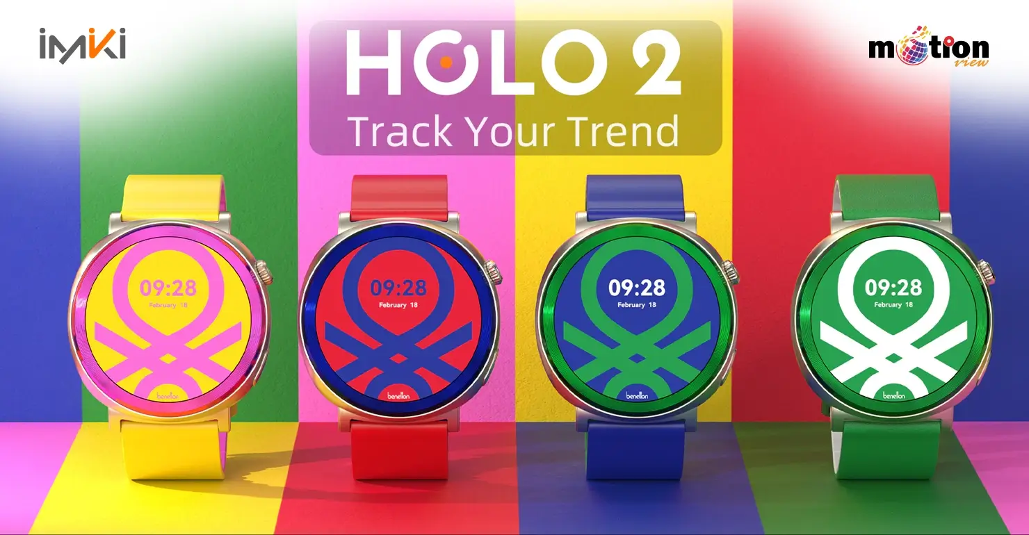 imiki HOLO 2 smartwatches displayed in vibrant yellow, red, blue, and green color options
