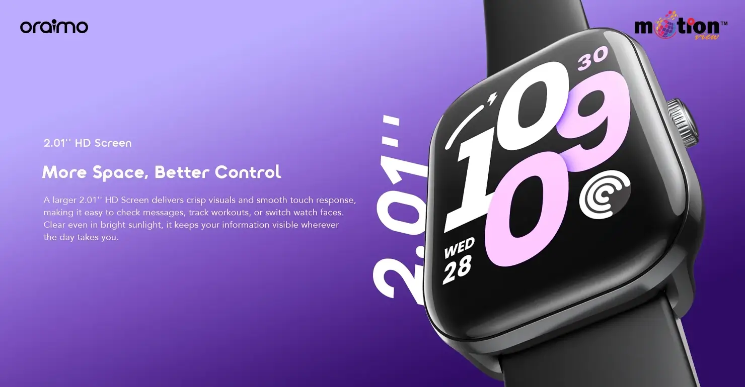 Close-up of the large 2.01-inch HD screen on the oraimo Watch 6 Lite OSW-809 delivering crisp visuals and smooth touch response