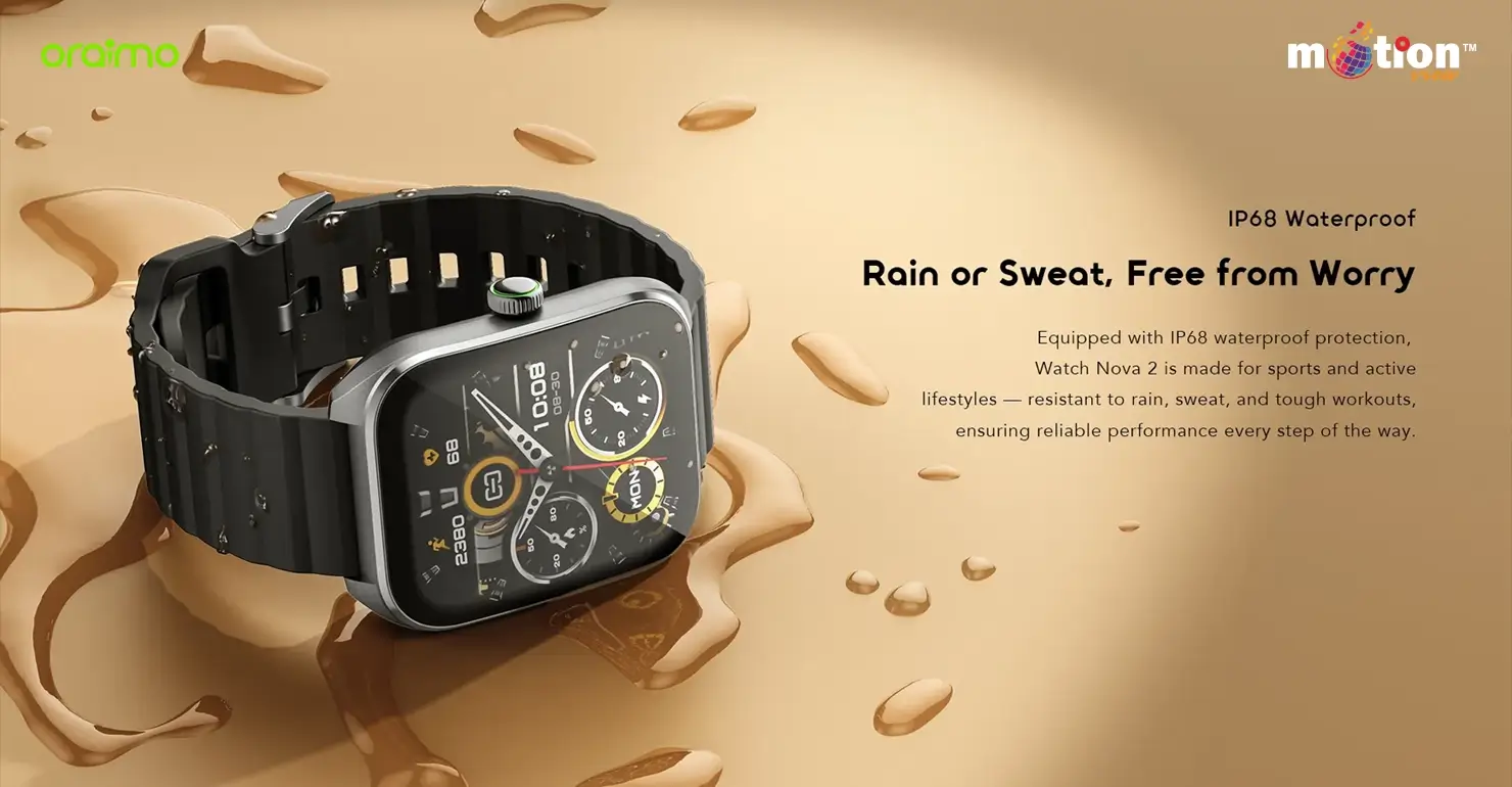 The oraimo Watch Nova 2 resting in water with droplets on the screen, demonstrating its durable IP68 waterproof rating for rain and sweat resistance.