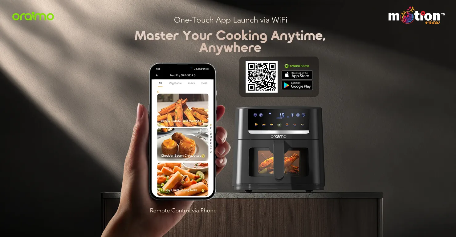Hand holding a smartphone displaying the Oraimo Home app to remotely control the NutriFry S1 Ultra air fryer via WiFi, featuring smart recipe options and download QR codes.
