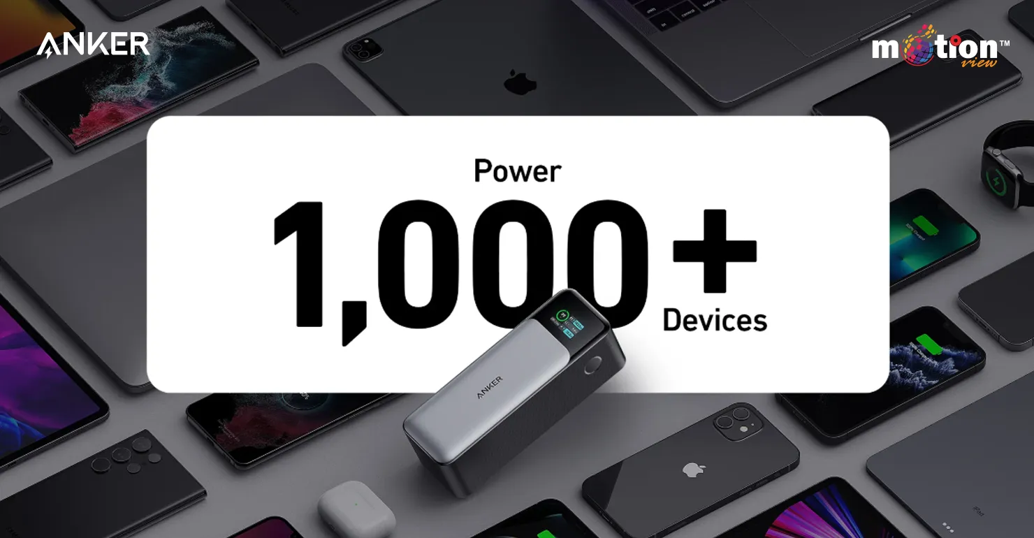 Anker 737 PowerCore 24K centered among smartphones, tablets, and laptops to showcase universal compatibility with over 1,000 devices