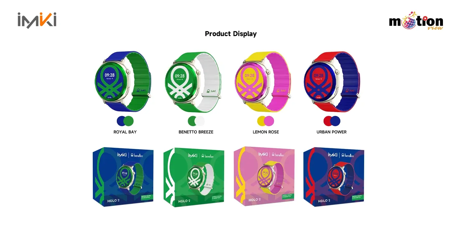 imiki HOLO 2 smartwatch color variants and matching retail boxes in Royal Bay, Benetto Breeze, Lemon Rose, and Urban Power