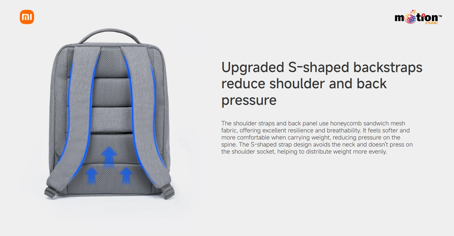 Back view of the Xiaomi City Backpack 2 highlighting its breathable mesh back panel and upgraded S-shaped shoulder straps.