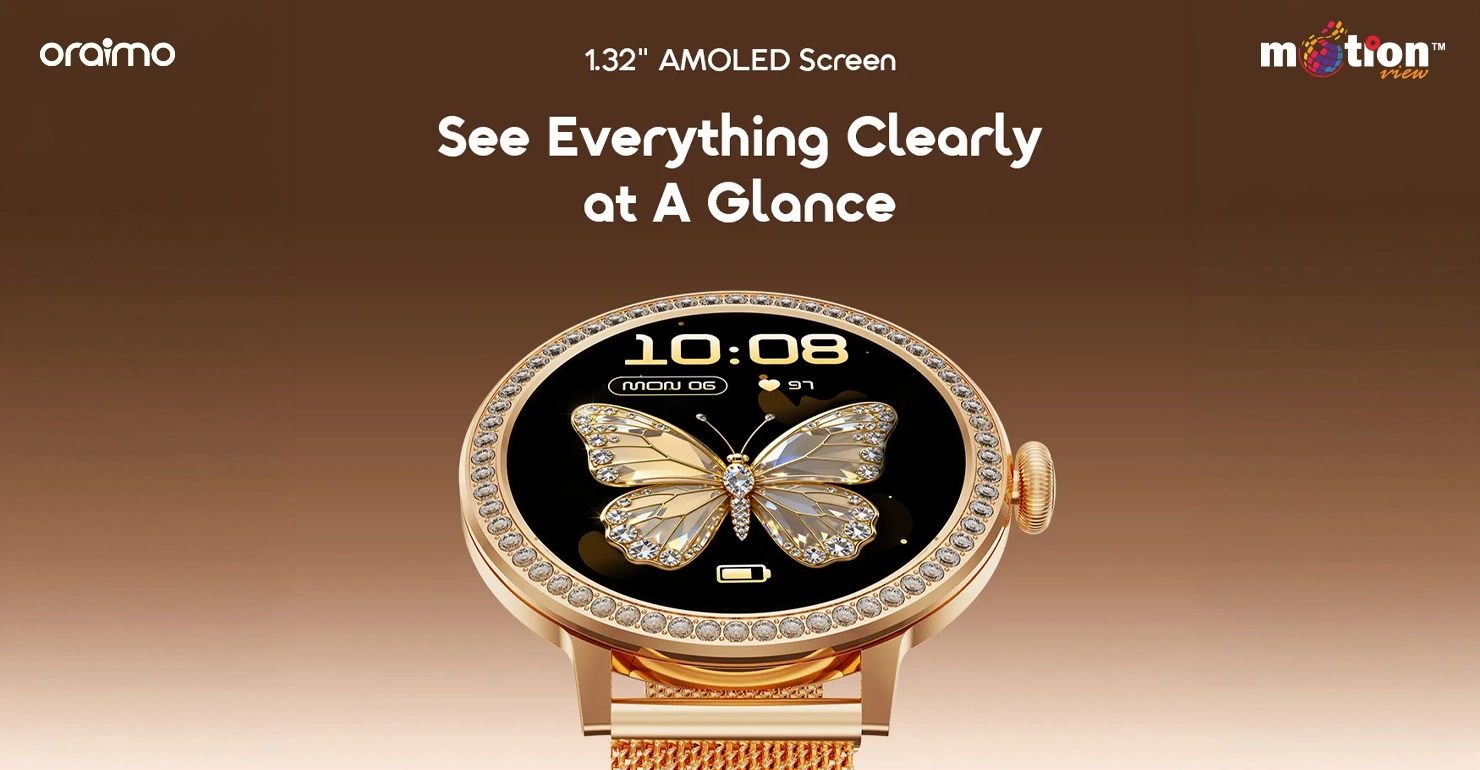 Close-up of the Oraimo Watch Muse 2 1.32-inch AMOLED display featuring a golden butterfly watch face.
