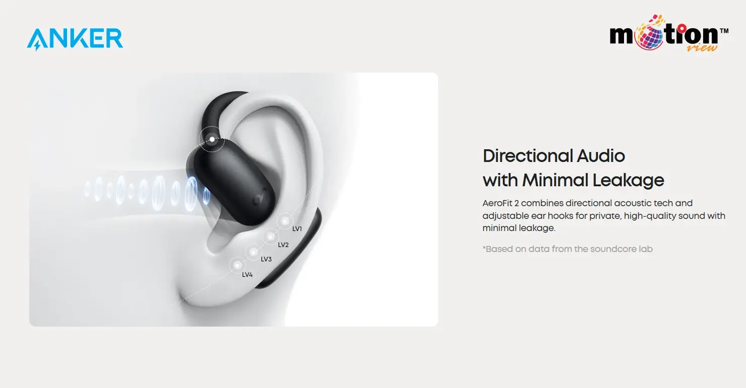 Soundcore AeroFit 2 directional acoustic technology demonstration for private listening with minimal sound leakage.