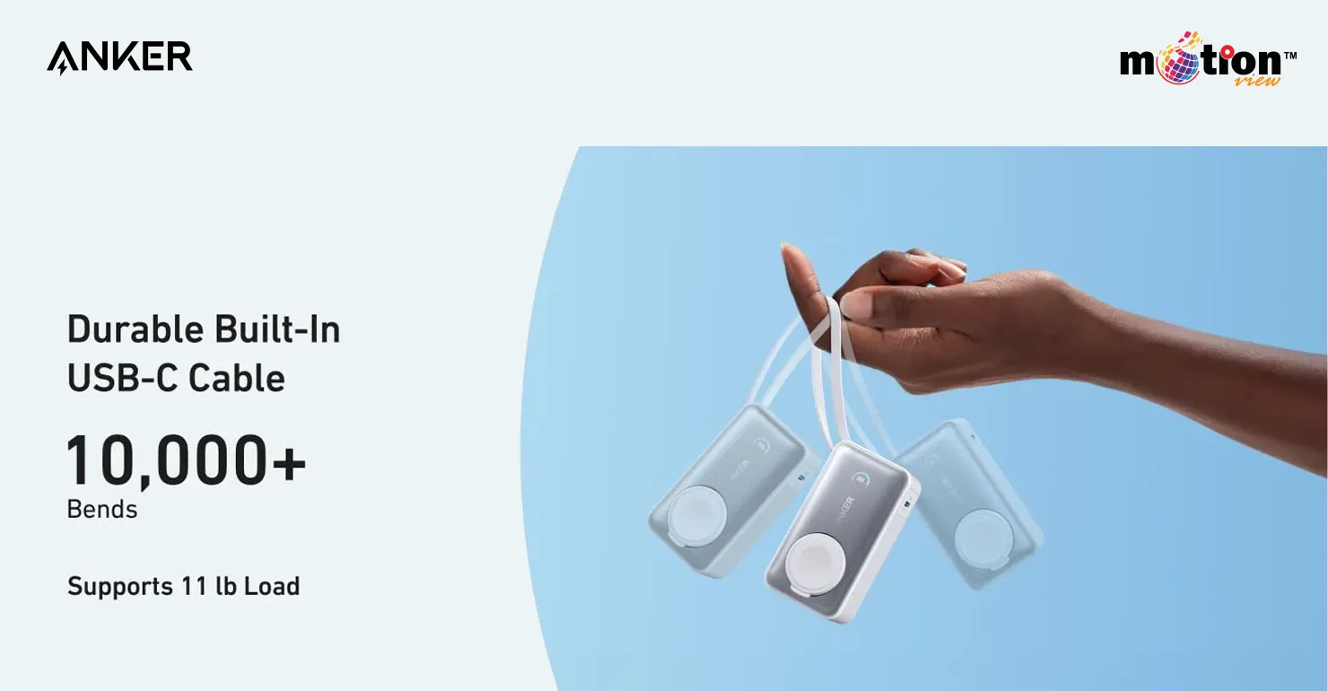 Hand swinging the Anker MagGo 10K Power Bank by its built-in USB-C cable, highlighting its durability of 10,000-plus bends and 11-pound load capacity