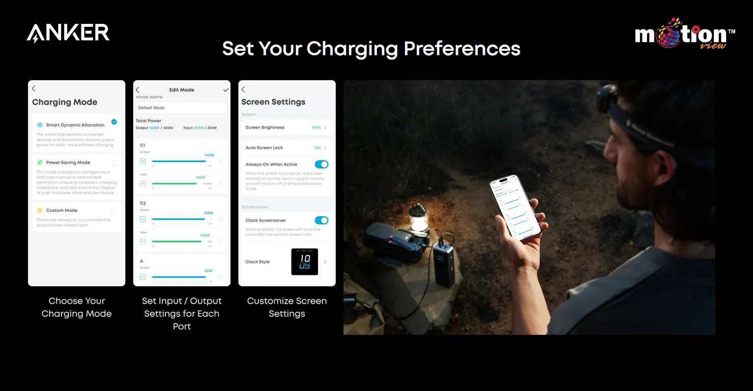 User customizing Anker Prime Power Bank charging preferences and screen settings via the smart companion mobile app