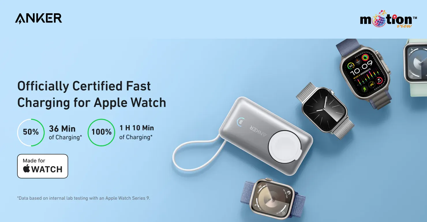 Anker MagGo 10K Magnetic Power Bank demonstrating officially certified fast charging capabilities surrounded by various Apple Watch models