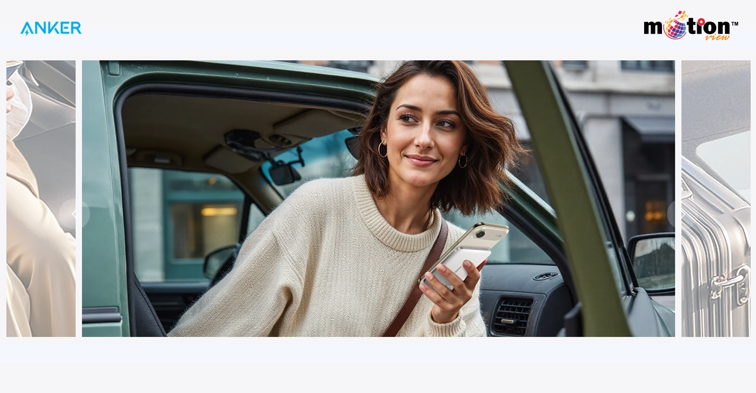 A woman holding an iPhone with an Anker Nano magnetic power bank attached while stepping out of a green vehicle.