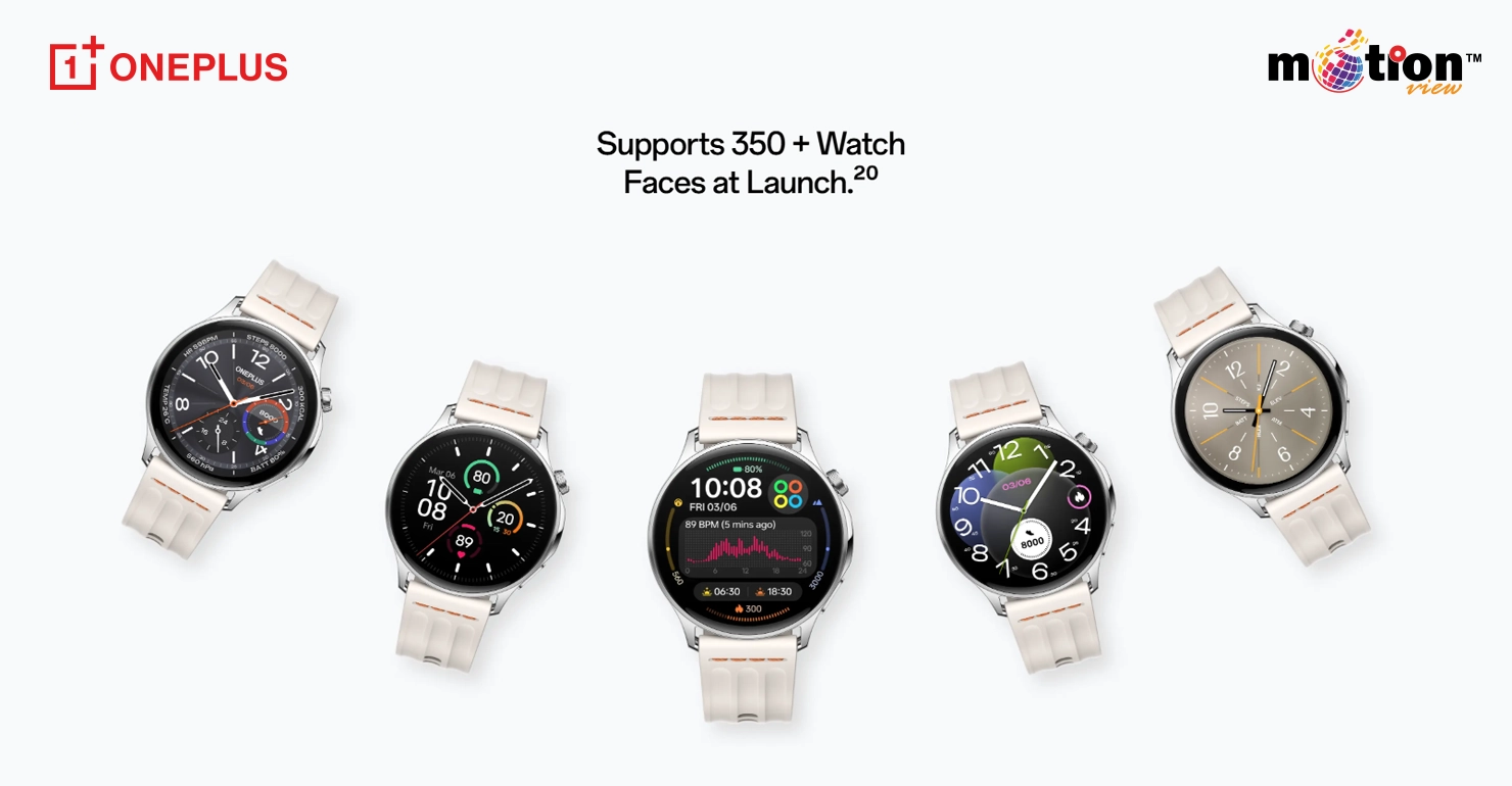 Selection of OnePlus Watch Lite customizable watch faces showcasing over 350 design options available at launch.
