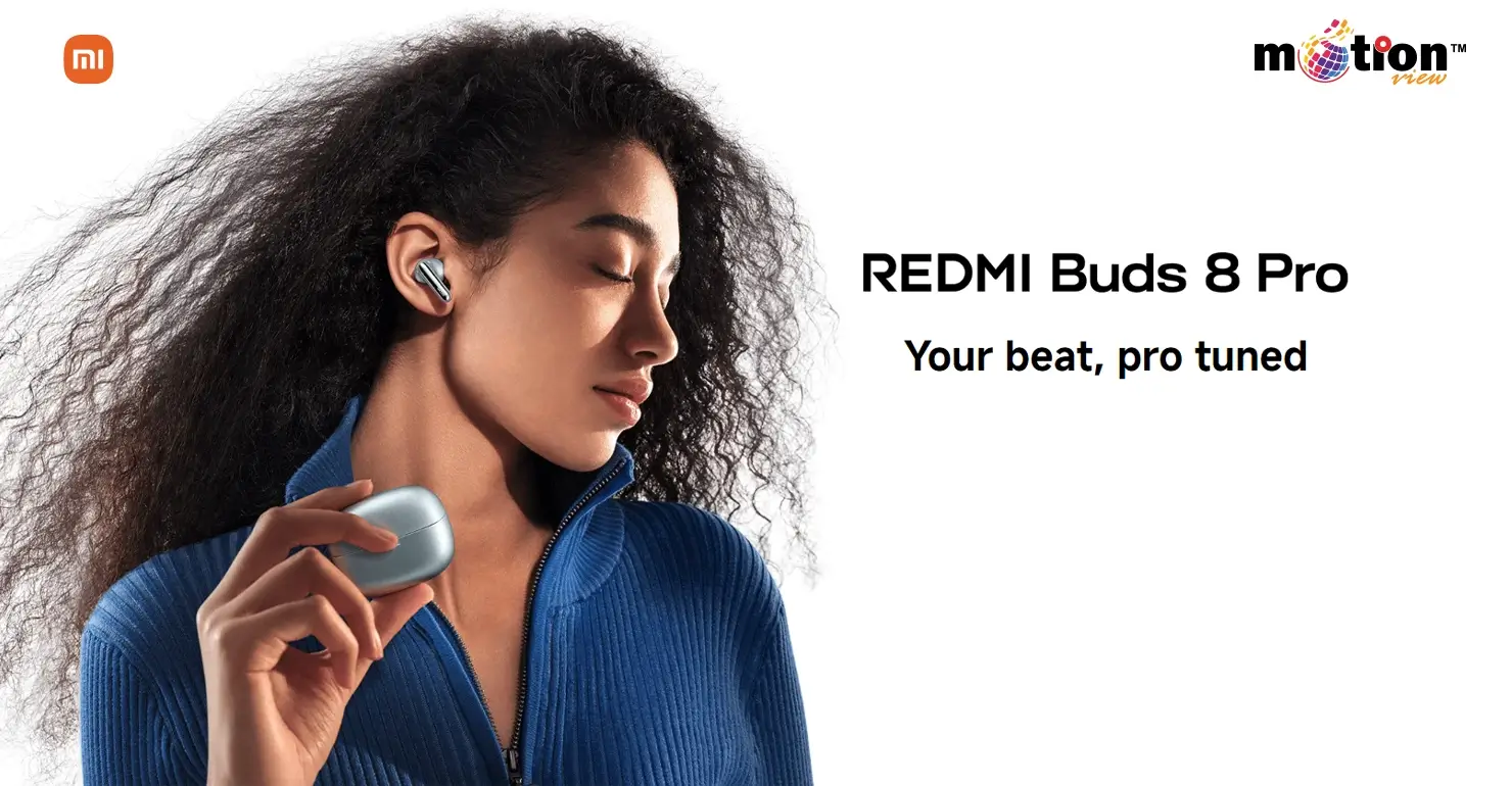 Lifestyle model wearing silver REDMI Buds 8 Pro wireless earbuds while holding the matching metallic charging case.