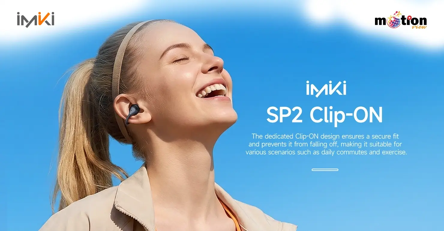Young woman wearing Imiki SP2 Clip-ON Open-ear Earbuds for exercise highlighting secure fit and comfort.