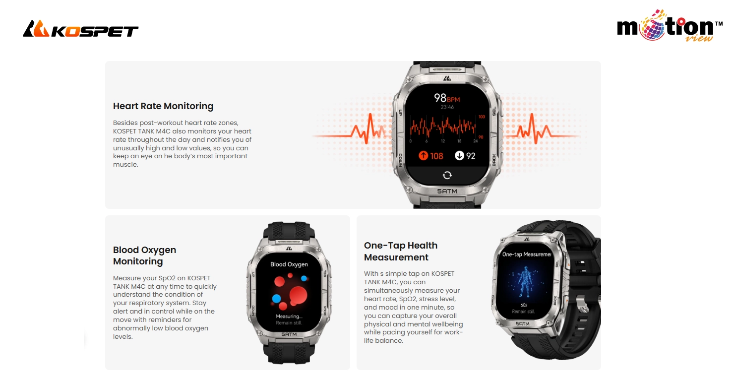 KOSPET TANK M4C Smartwatch showing health metrics including heart rate, blood oxygen, and one-tap health measurement