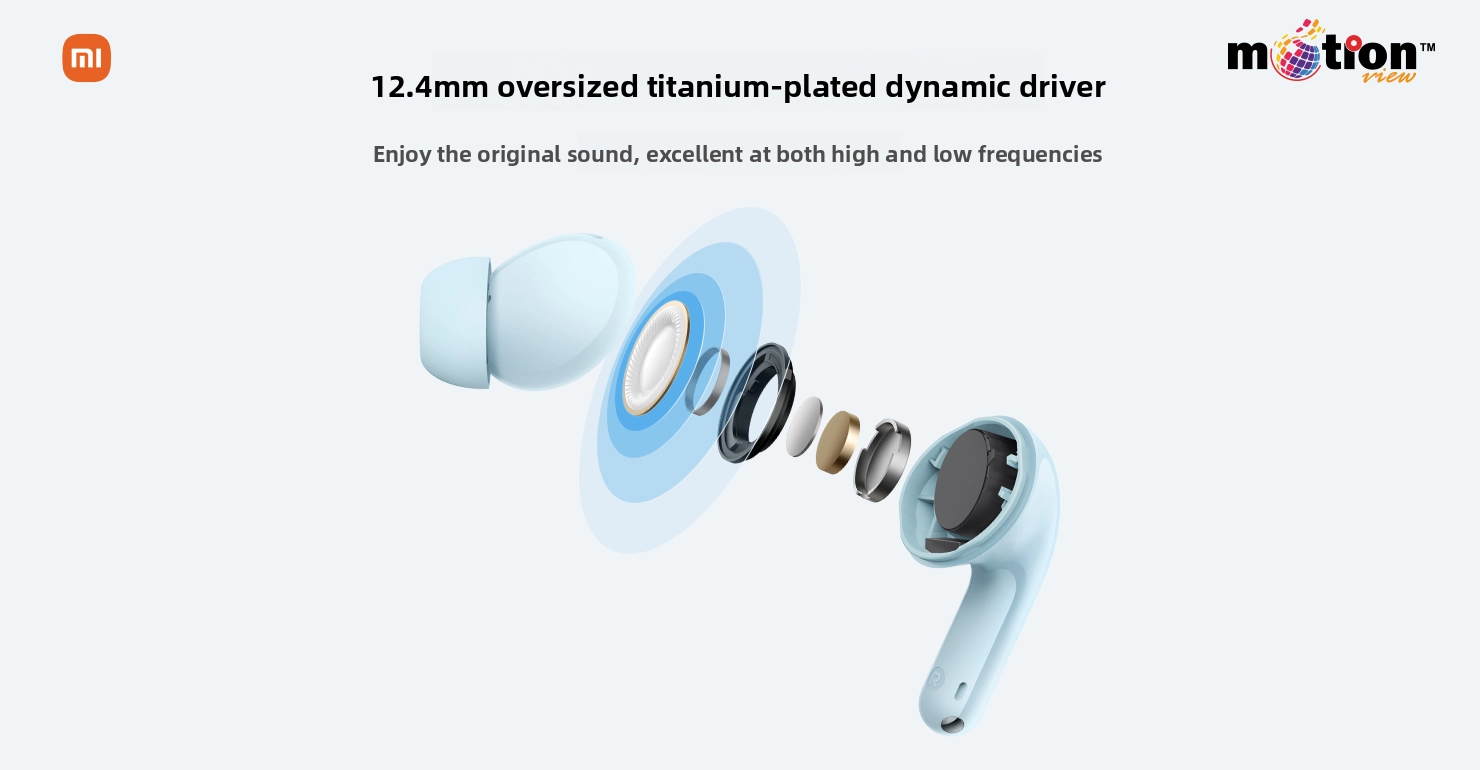 Detailed breakdown of the 12.4mm oversized titanium-plated dynamic driver in Xiaomi Redmi Buds 8 Youth Edition.