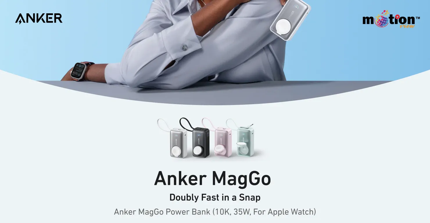 Four pastel color variants of the Anker MagGo 10K Magnetic Power Bank with built-in Apple Watch charger displayed below a person wearing an Apple Watch