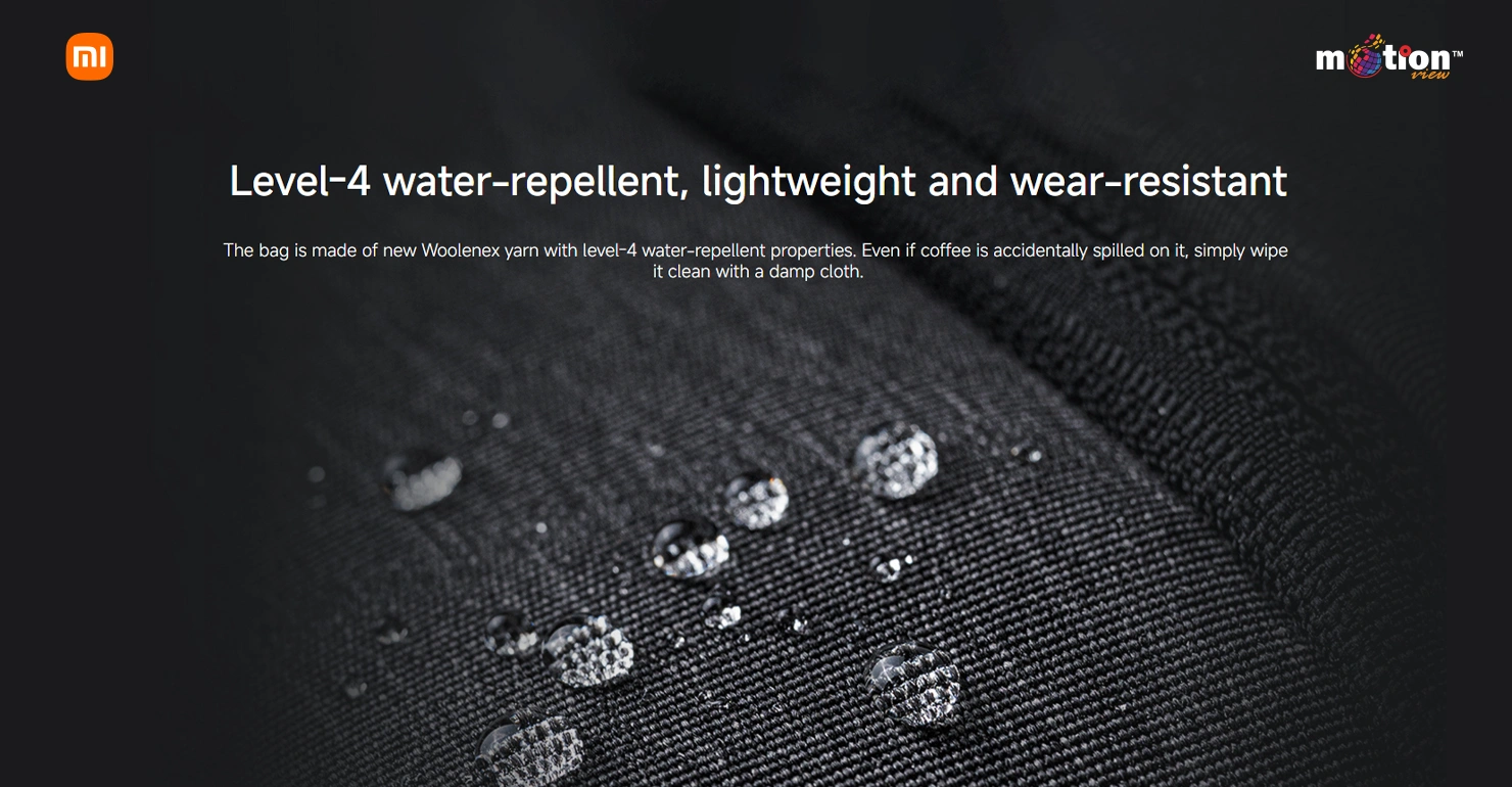 Water droplets beading on the Xiaomi City Backpack 2, demonstrating its level-4 water-repellent fabric.