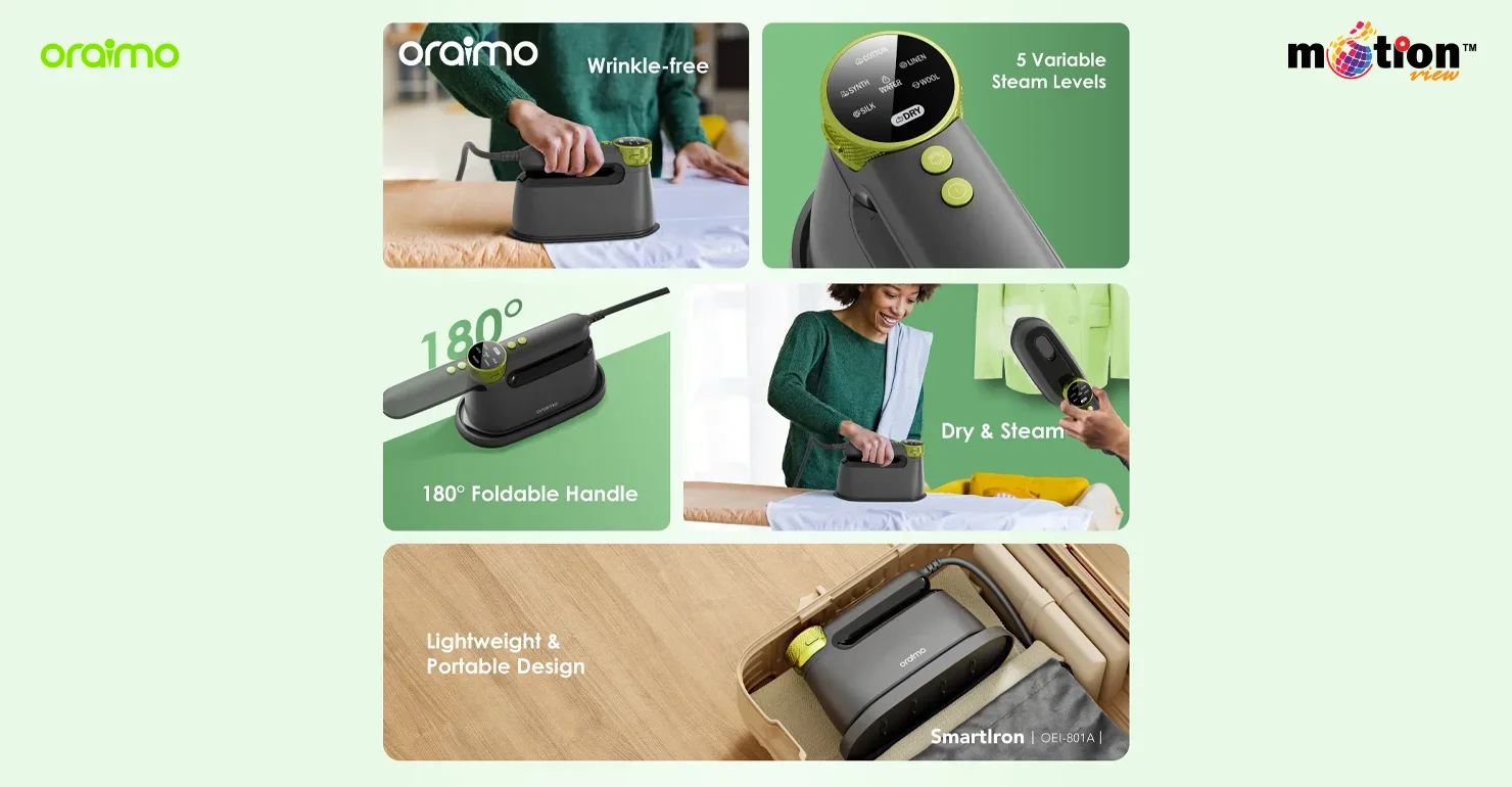 Collage showing the oraimo SmartIron 1740W Portable Electric Iron in use for flat ironing and vertical steaming, featuring its 180-degree foldable handle, 5 variable steam levels, and lightweight, travel-friendly design packed in a suitcase.