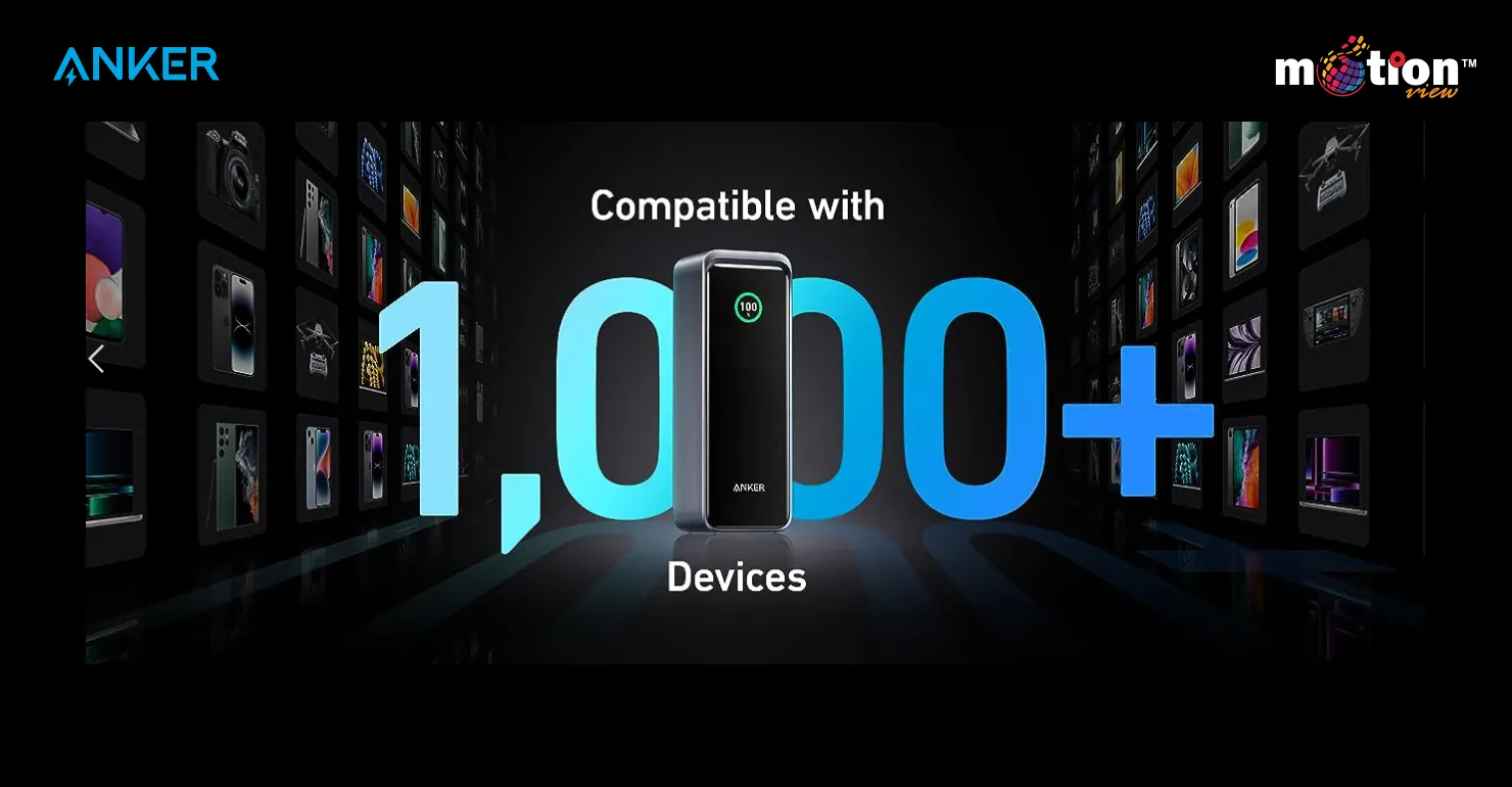 Anker Prime 27K Power Bank centered among a grid of various electronics, highlighting its broad compatibility with over 1,000 devices