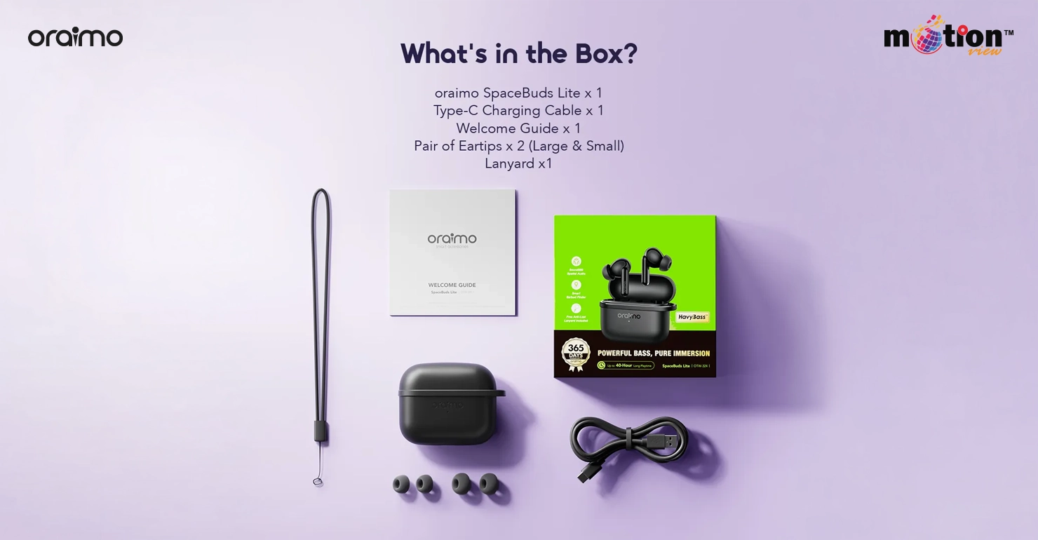 Oraimo SpaceBuds Lite unboxing layout showing the earbuds, packaging, lanyard, Type-C charging cable, extra eartips, and welcome guide.