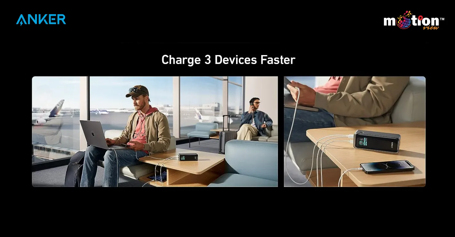 Lifestyle comparison showing the Anker Prime 27K effortlessly charging three devices—a laptop, tablet, and smartphone—faster at the same time