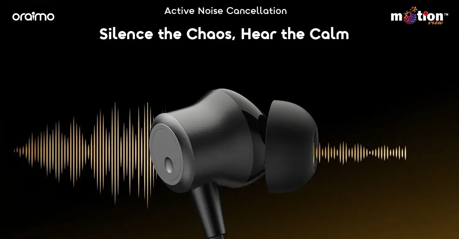 Close-up of oraimo Necklace 5 earbud demonstrating Active Noise Cancellation blocking sound waves.