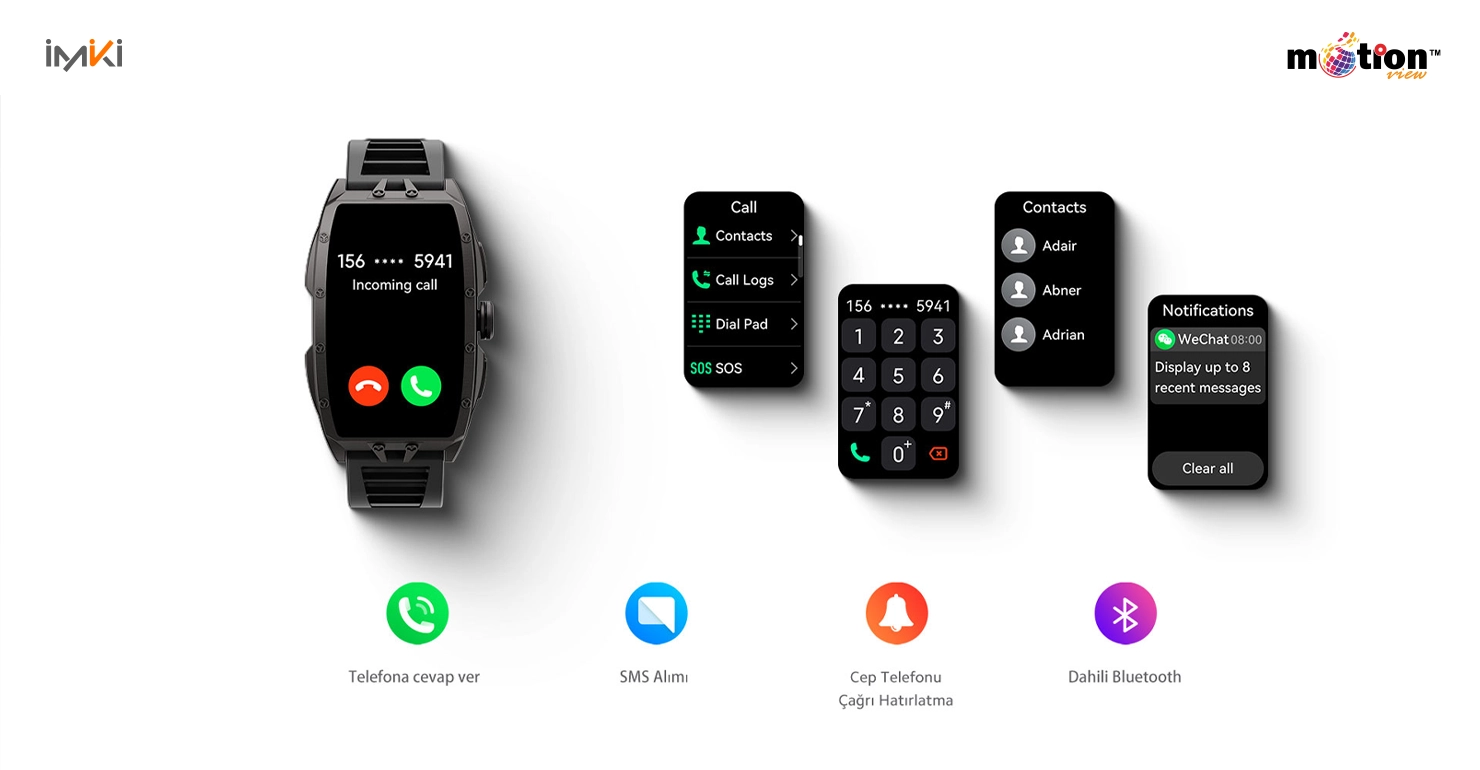 IMIKI MB1 smartwatch displaying Bluetooth calling features and notification menus.