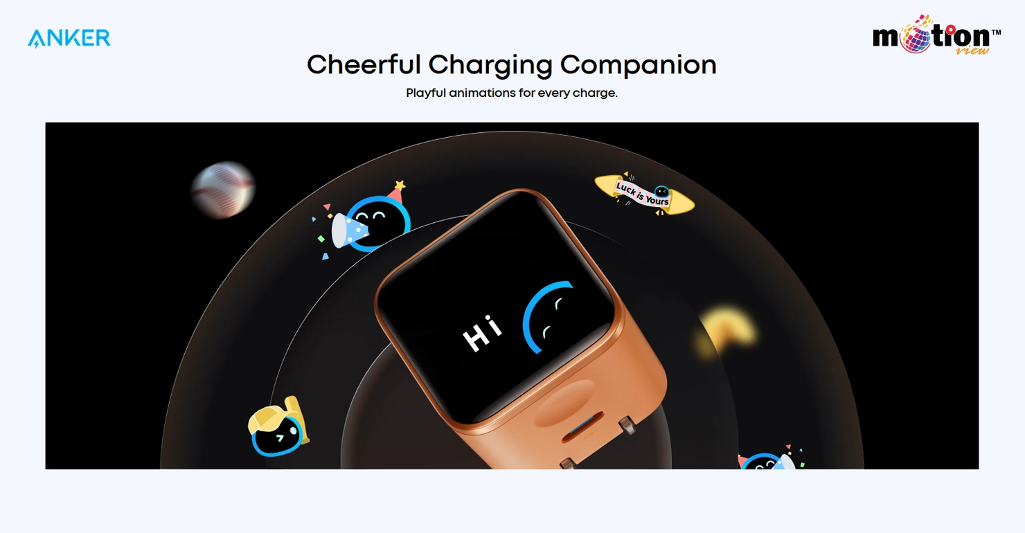 Interactive 'Hi' greeting and playful emoji animations on the Anker Nano 45W charger smart display.