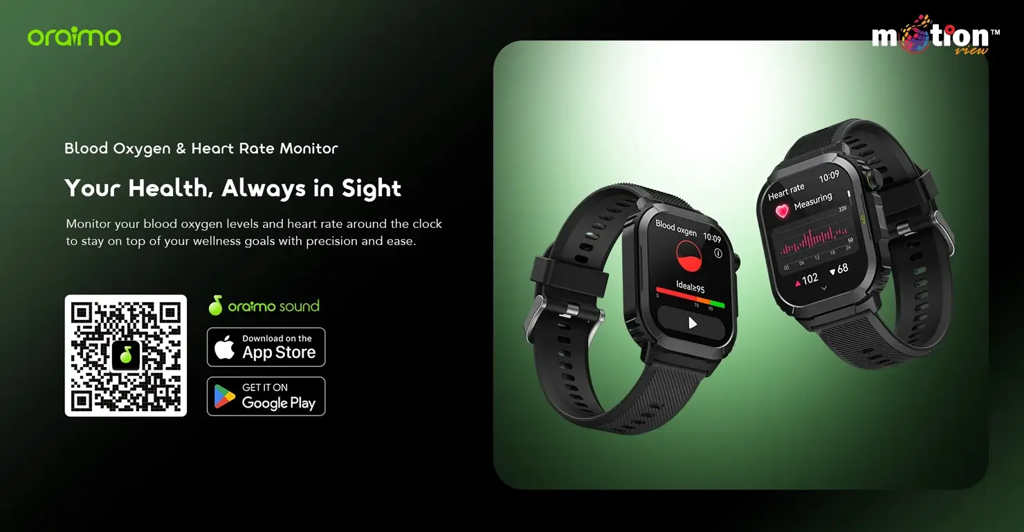 Blood oxygen and 24/7 heart rate monitoring UI interfaces displayed on the oraimo Watch Lumos N OSW-808N smartwatch