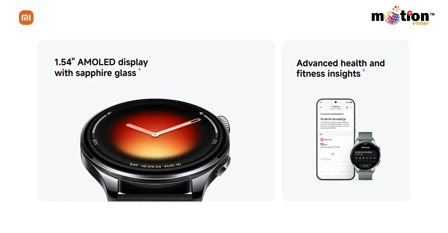 Xiaomi Watch 5 with 1.54-inch AMOLED display and sapphire glass alongside advanced health and fitness insights app.