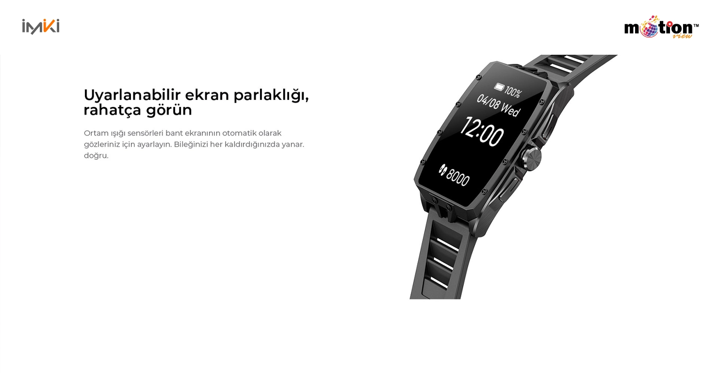 IMIKI MB1 smartwatch angled view highlighting the adaptive screen brightness feature.